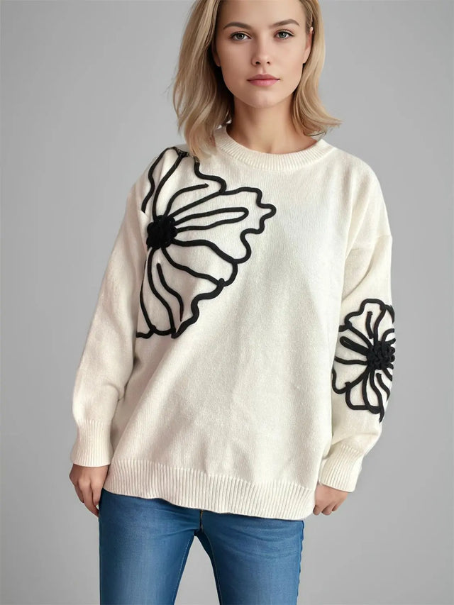 Flower Round Neck Long Sleeve Sweater Trendsi Hanalas