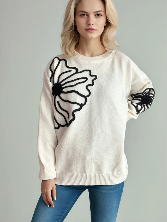 Flower Round Neck Long Sleeve Sweater Trendsi Hanalas