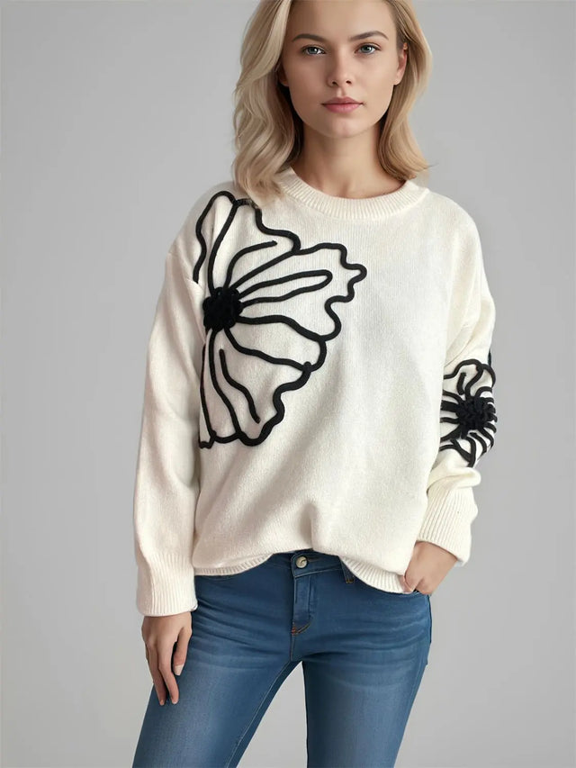 Flower Round Neck Long Sleeve Sweater Trendsi Hanalas