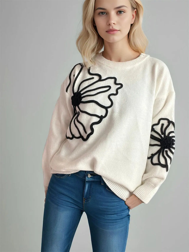 Flower Round Neck Long Sleeve Sweater Trendsi Hanalas