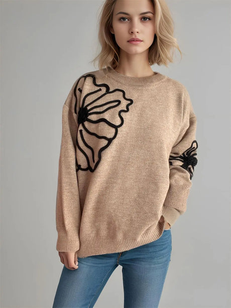 Flower Round Neck Long Sleeve Sweater Trendsi Hanalas