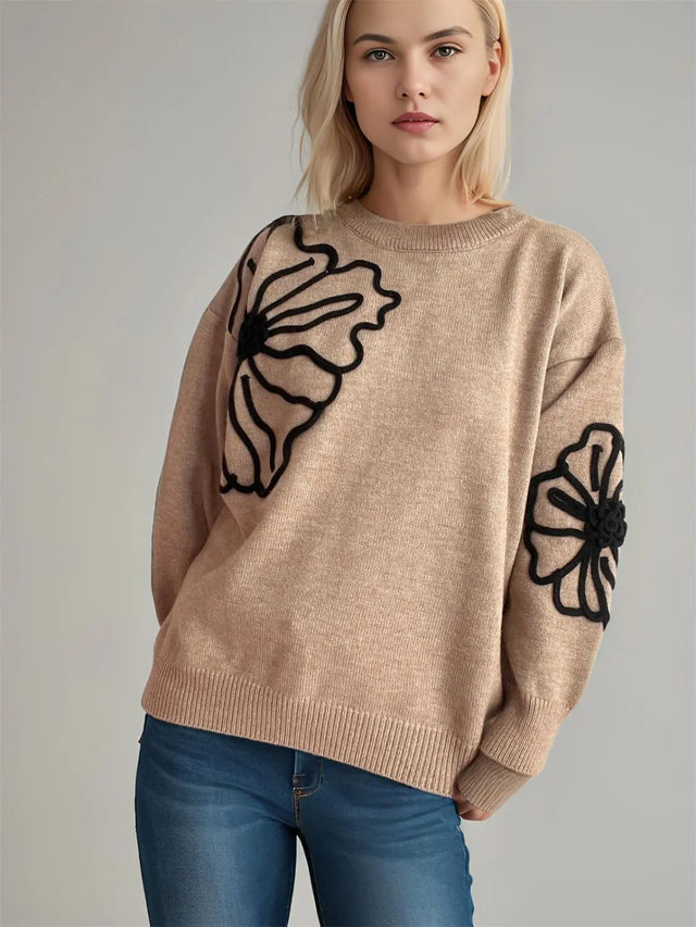 Flower Round Neck Long Sleeve Sweater Trendsi Hanalas