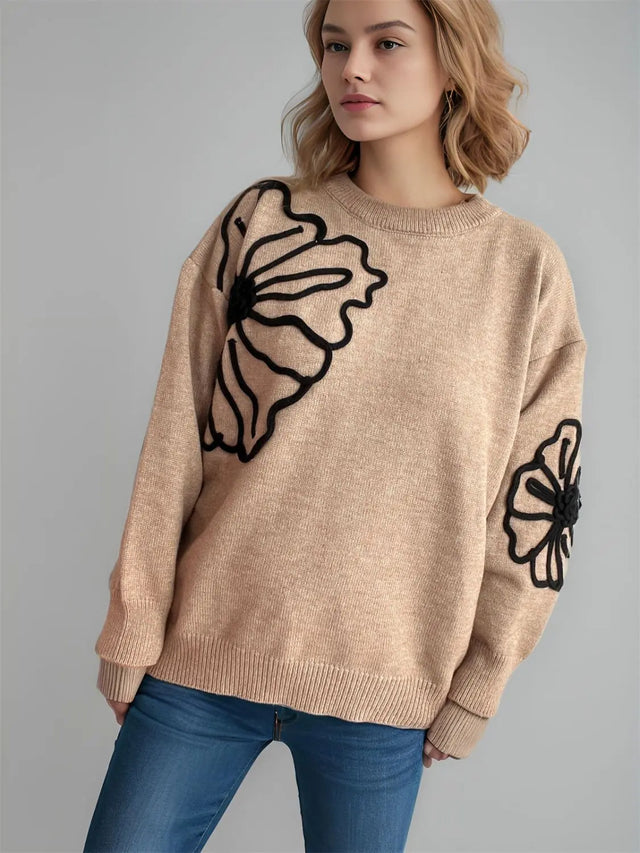 Flower Round Neck Long Sleeve Sweater Trendsi Hanalas