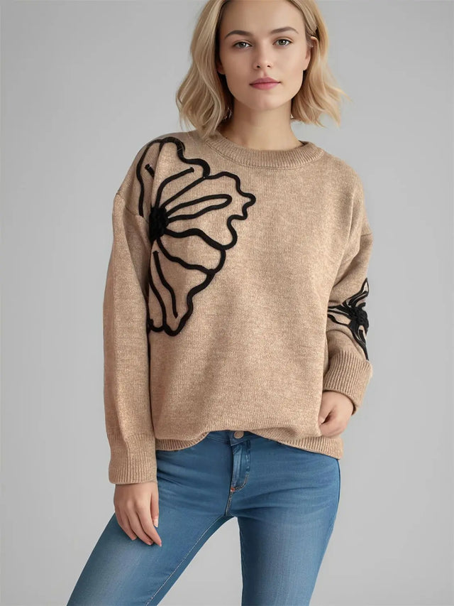 Flower Round Neck Long Sleeve Sweater Trendsi Hanalas