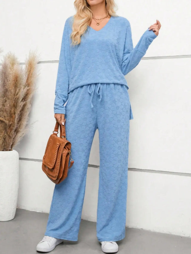 Flower V-Neck Long Sleeve Top and Pants Set Trendsi Hanalas