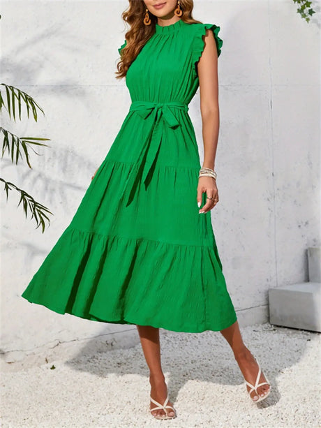 Frill Mock Neck Ruffled Cap Sleeve Midi Dress | Hanalas