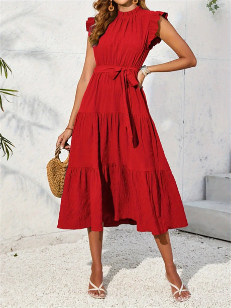 Frill Mock Neck Ruffled Cap Sleeve Midi Dress | Hanalas