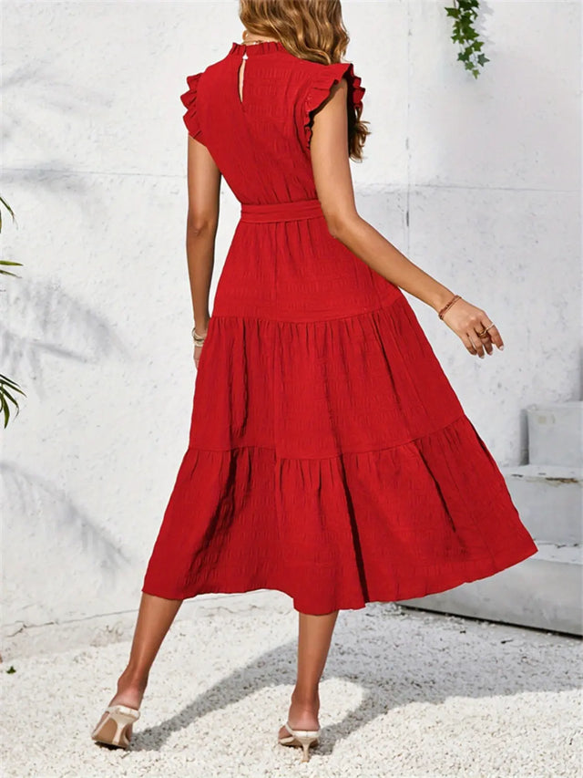Frill Mock Neck Ruffled Cap Sleeve Midi Dress | Hanalas