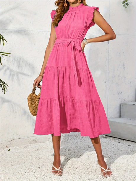 Frill Mock Neck Ruffled Cap Sleeve Midi Dress | Hanalas