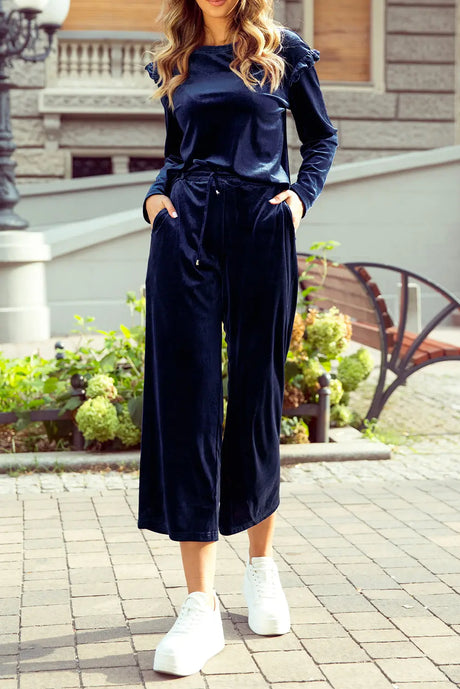Frill Round Neck Long Sleeve Top and Pants Set | Hanalas