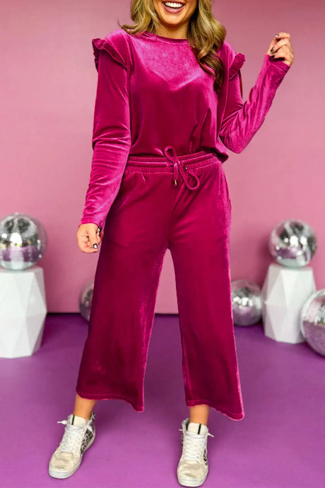 Frill Round Neck Long Sleeve Top and Pants Set | Hanalas