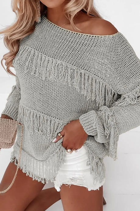 Fringe Boat Neck Long Sleeve Sweater | Hanalas