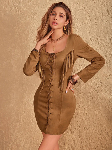 Fringe Lace Up Square Neck Long Sleeve Mini Dress | Hanalas
