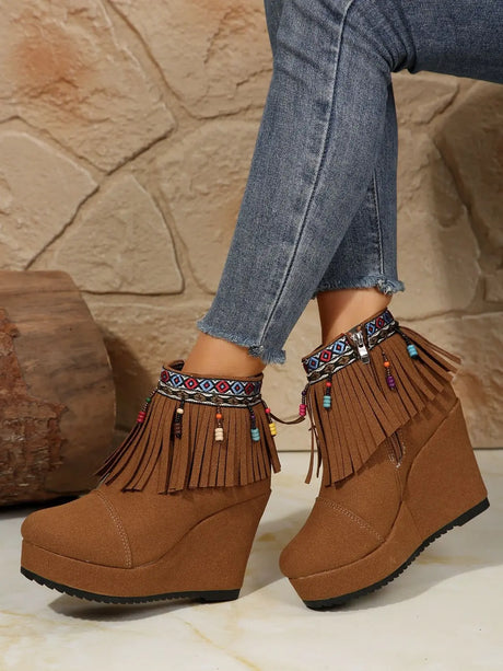 Fringe Suede Wedge Boots Trendsi Hanalas