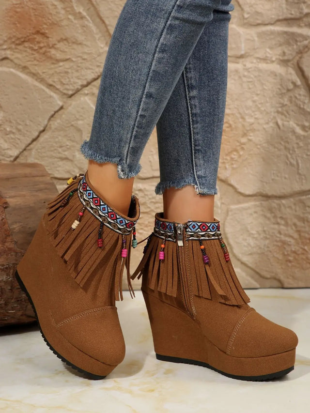 Fringe Suede Wedge Boots Trendsi Hanalas