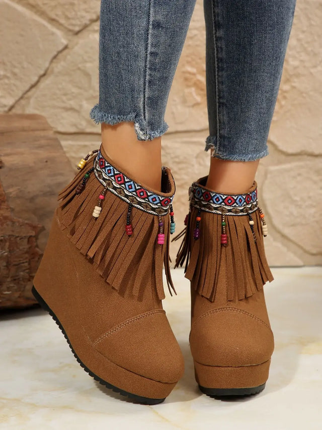 Fringe Suede Wedge Boots Trendsi Hanalas