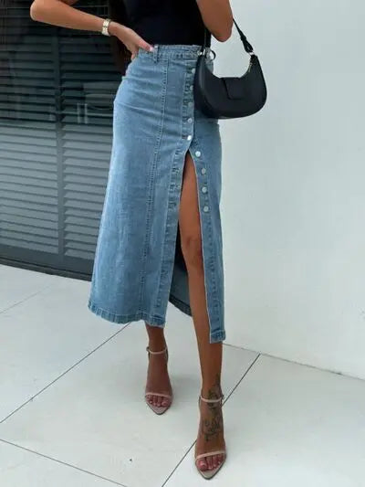 Front Button Slit Midi Denim Skirt | Hanalas