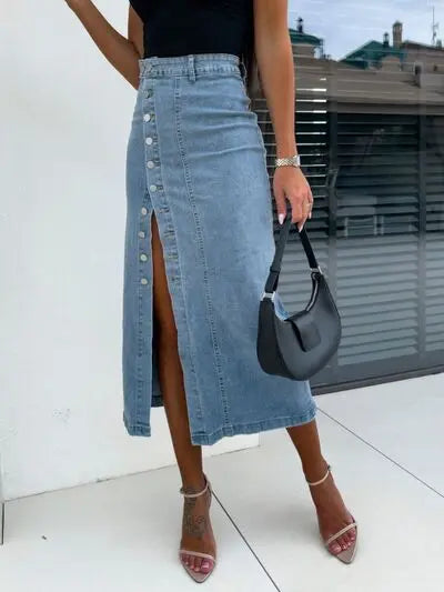 Front Button Slit Midi Denim Skirt | Hanalas