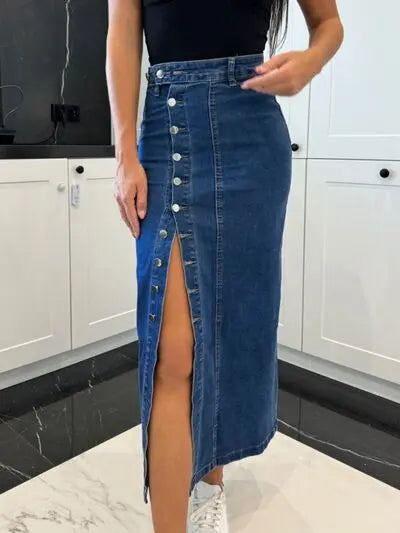 Front Button Slit Midi Denim Skirt | Hanalas