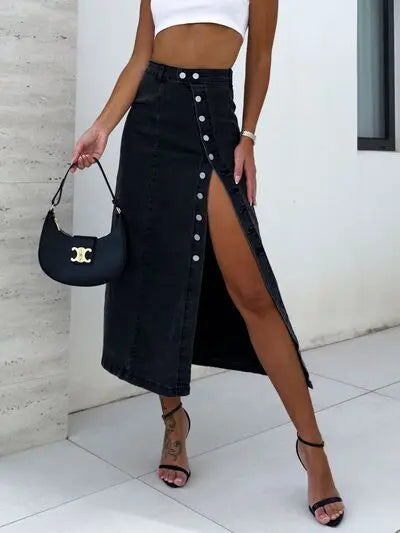 Front Button Slit Midi Denim Skirt | Hanalas