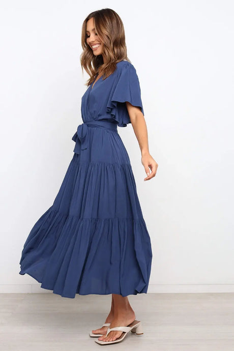 Front Tie Short Sleeve Tiered Midi Dress | Hanalas