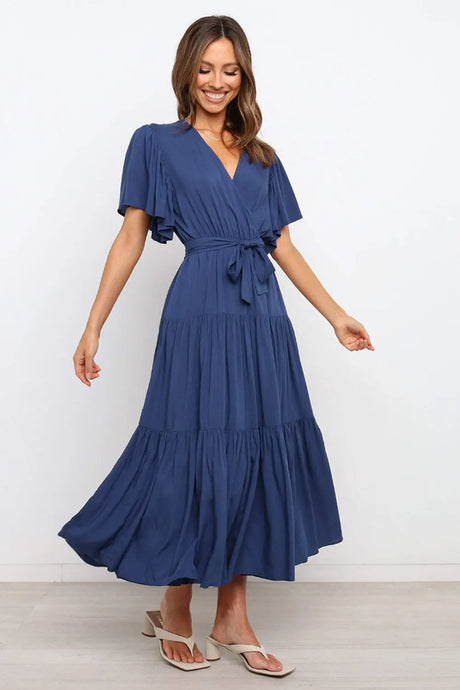 Front Tie Short Sleeve Tiered Midi Dress | Hanalas