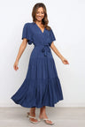 Front Tie Short Sleeve Tiered Midi Dress | Hanalas