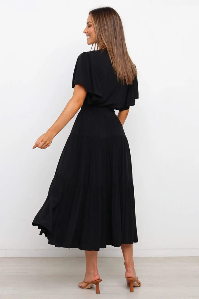 Front Tie Short Sleeve Tiered Midi Dress | Hanalas