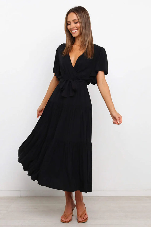 Front Tie Short Sleeve Tiered Midi Dress | Hanalas