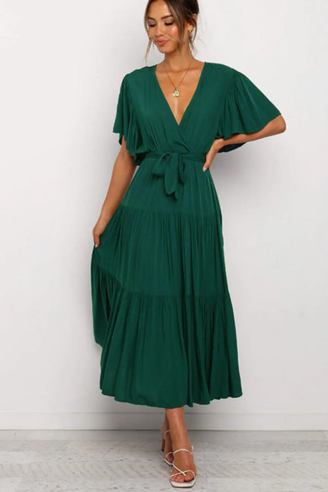 Front Tie Short Sleeve Tiered Midi Dress | Hanalas