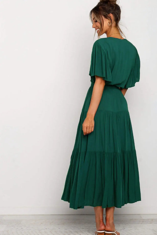 Front Tie Short Sleeve Tiered Midi Dress | Hanalas