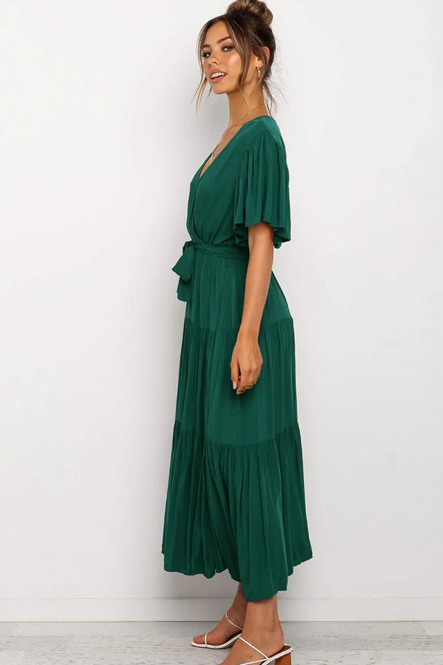 Front Tie Short Sleeve Tiered Midi Dress | Hanalas