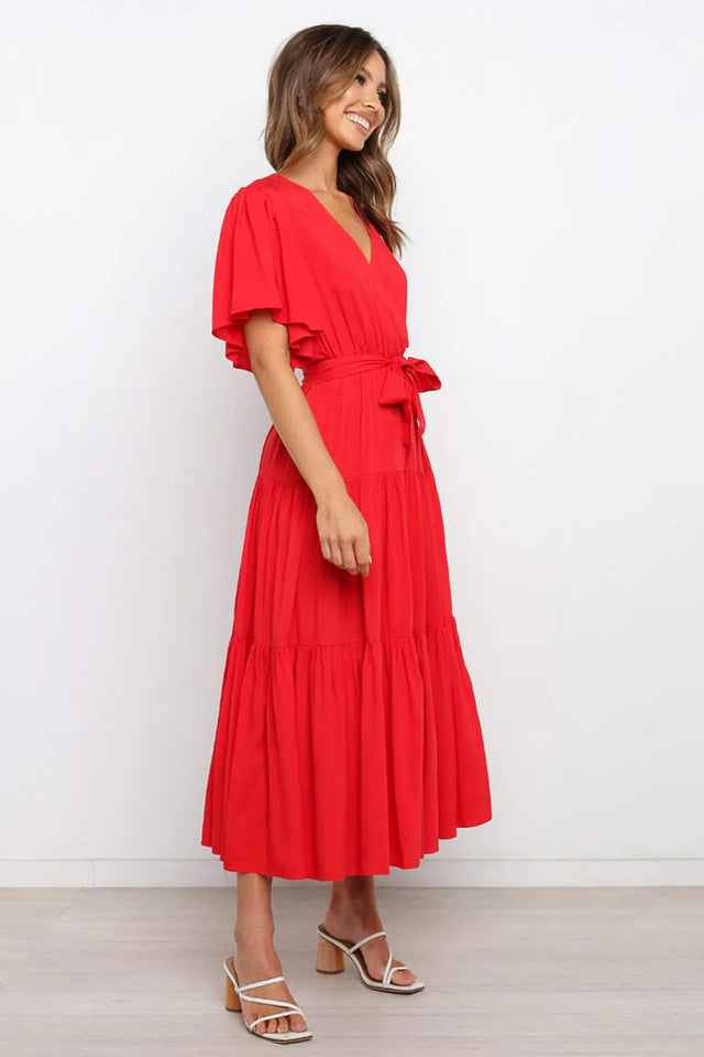 Front Tie Short Sleeve Tiered Midi Dress | Hanalas