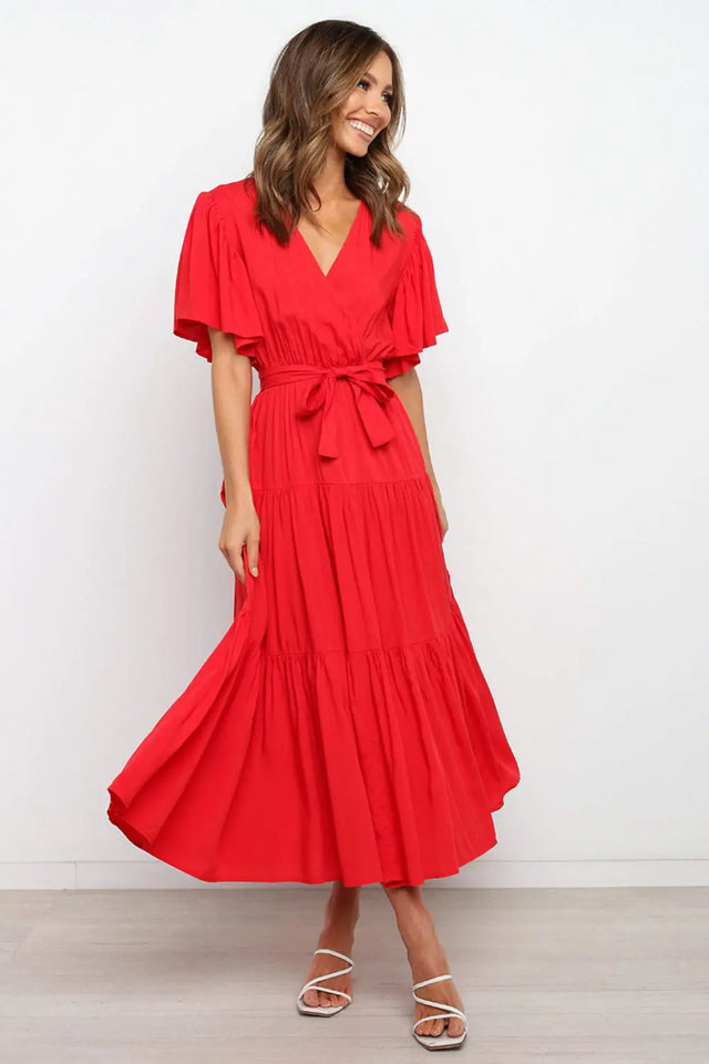 Front Tie Short Sleeve Tiered Midi Dress | Hanalas