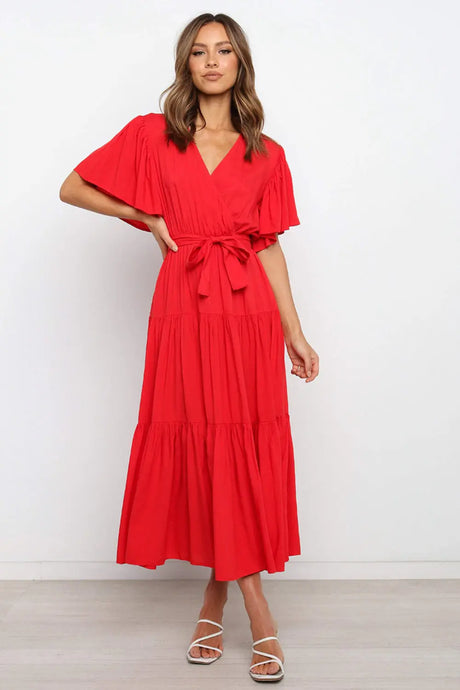 Front Tie Short Sleeve Tiered Midi Dress | Hanalas