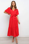 Front Tie Short Sleeve Tiered Midi Dress | Hanalas