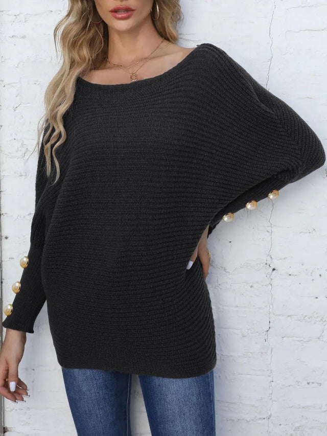 Full Size Boat Neck Long Sleeve Sweater Trendsi Hanalas