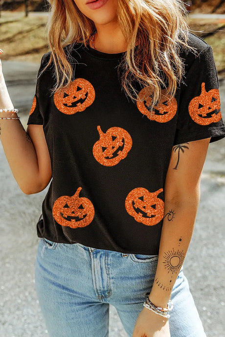 Full Size Glitter Jack-O'-Lantern Round Neck Short Sleeve T-Shirt Trendsi Hanalas