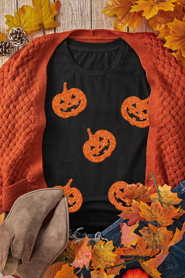 Full Size Glitter Jack-O'-Lantern Round Neck Short Sleeve T-Shirt Trendsi Hanalas