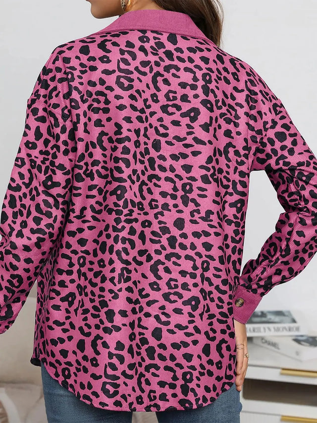 Full Size Leopard Collared Neck Button Up Long Sleeve Jacket Trendsi Hanalas