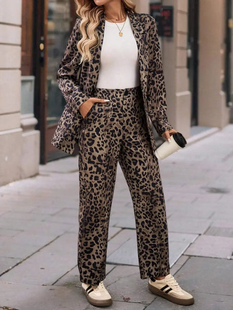 Full Size Leopard Lapel Collar Long Sleeve Blazer and Pants Set | Hanalas