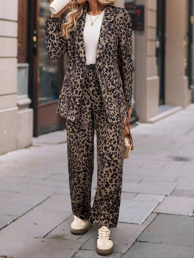 Full Size Leopard Lapel Collar Long Sleeve Blazer and Pants Set | Hanalas