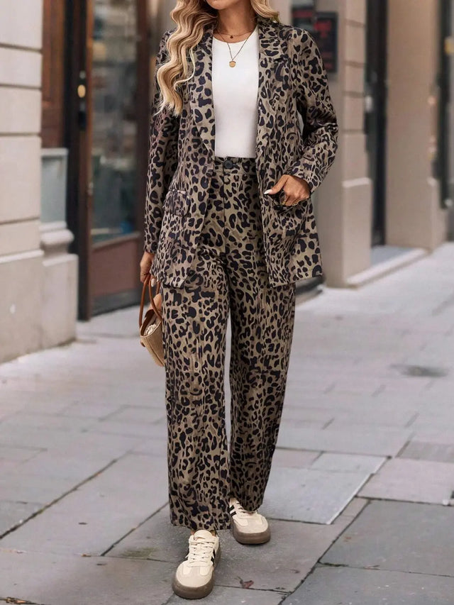 Full Size Leopard Lapel Collar Long Sleeve Blazer and Pants Set | Hanalas