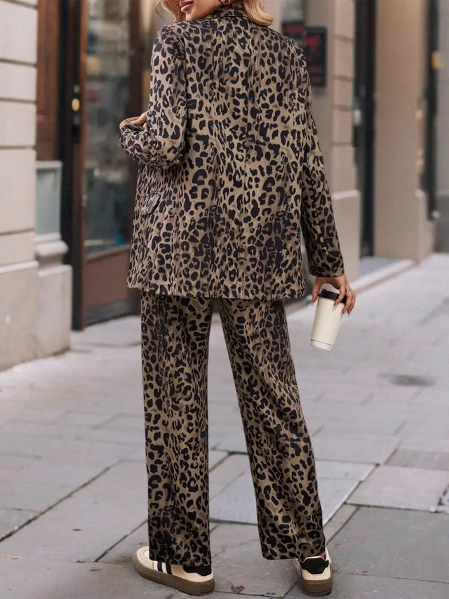 Full Size Leopard Lapel Collar Long Sleeve Blazer and Pants Set | Hanalas