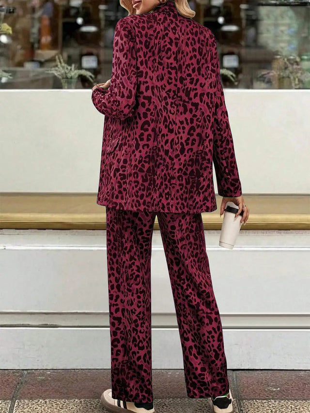 Full Size Leopard Lapel Collar Long Sleeve Blazer and Pants Set | Hanalas