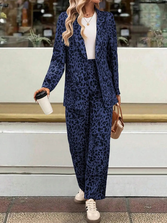 Full Size Leopard Lapel Collar Long Sleeve Blazer and Pants Set | Hanalas