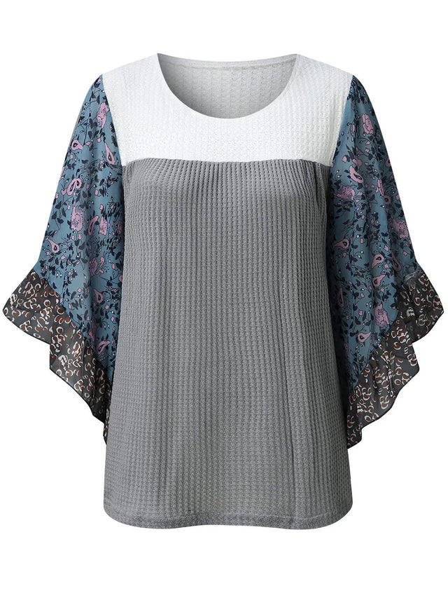 Full Size Printed Round Neck Three-Quarter Sleeve Blouse Trendsi Hanalas