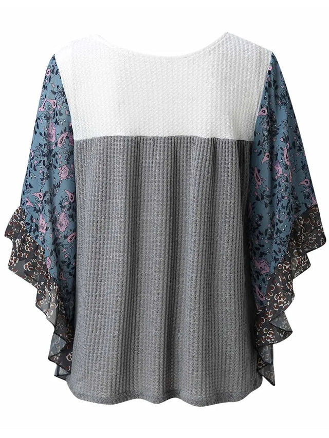 Full Size Printed Round Neck Three-Quarter Sleeve Blouse Trendsi Hanalas