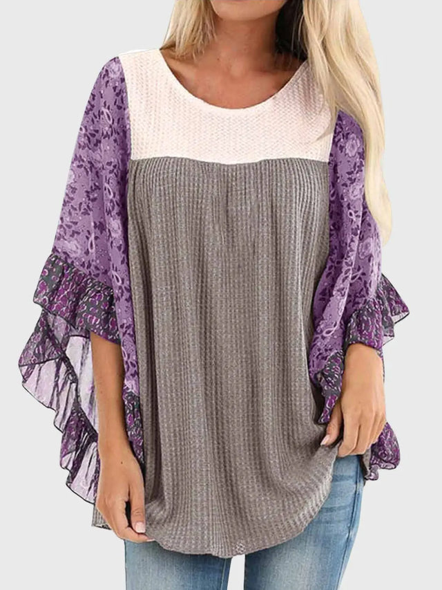 Full Size Printed Round Neck Three-Quarter Sleeve Blouse Trendsi Hanalas