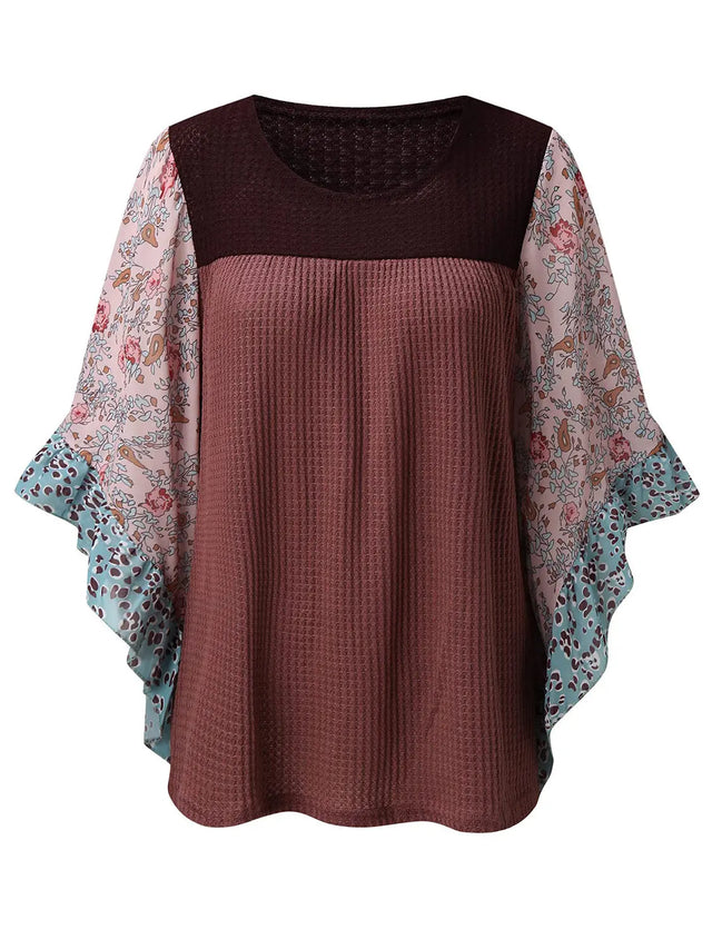 Full Size Printed Round Neck Three-Quarter Sleeve Blouse Trendsi Hanalas